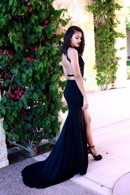 Sexy Open Back Black Halter  Prom Dresses with Side Slit Sleeveless Evening Gown