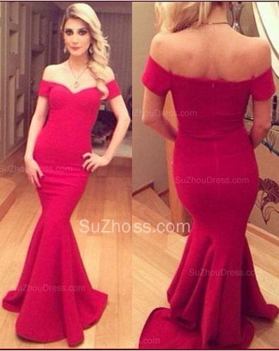 Red Prom Dresses Off Shoulder V Neck Elegant Sweep Train Zipper Satin Evening Gowns