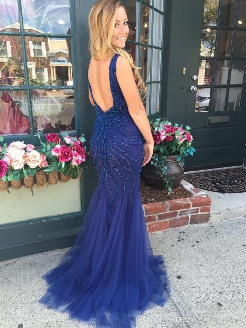 Navy Blue Tulle Prom Dresses  Sheath Open Back Evening Gowns