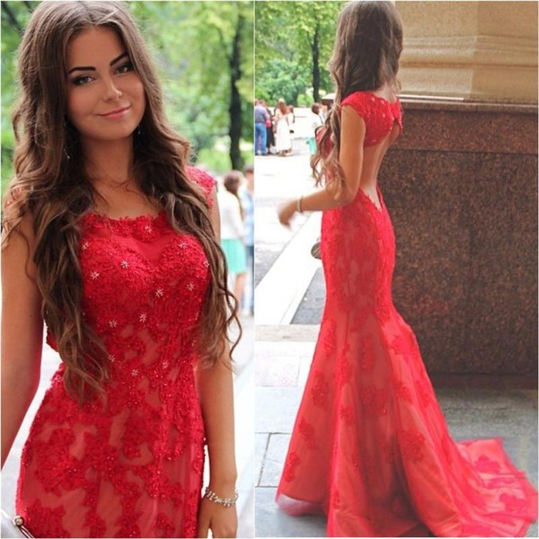 Red Lace Halter Mermaid Evening Dress Latest Backless Sweep Train Formal Occasion Dresses