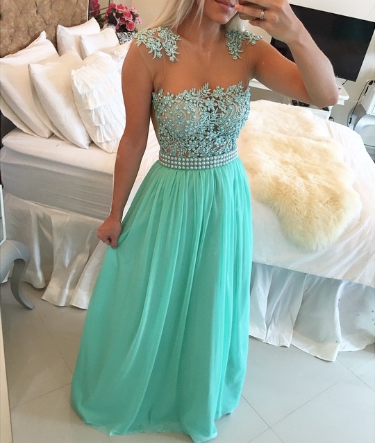 New Arrival Lace Chiffon Prom Dresses  with Beadings Sheer Neck Capped Sleeves Long Evening Gowns BMT010