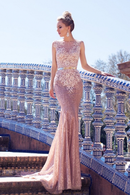 Sleeveless Pink Lace Appliques Sheath Prom Dress with Gold Belt  Formal Evening Gown  FB0233