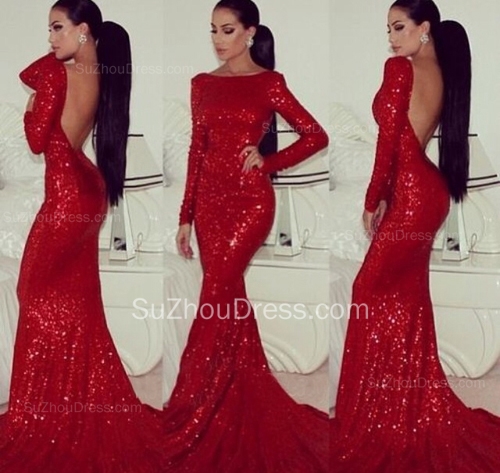 Red Evening Dresses Bateau Sequined Prom Dress  Long Sleeve Elegant Mermaid Evening Gowns