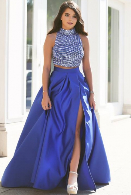 High Neck Beads Two Piece Prom Dress Sexy  Royal Blue Side Slit Popular Evening Gown