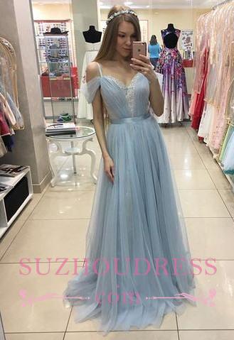 A-line Sweep Train Baby Blue Formal Dress  Cap Sleeves Beautiful Straps Tulle Prom Dress