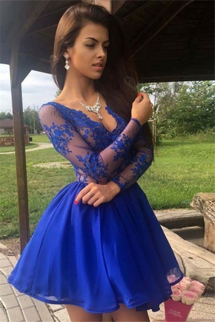 Royal Blue Short Long Sleeves Homecoming Dresses  | A-line V-Neck Lace Party Dresses