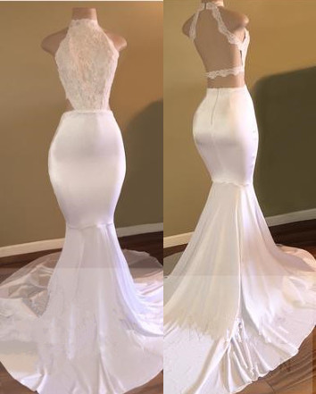 White High-Neck  Evening Gown Sleeveless Newest Mermaid Prom Dress