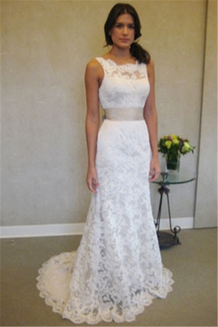 Formal White Lace Sweep Train Bridal Gown Simple Popular Custom Made Plus Size Wedding Dress BA3872