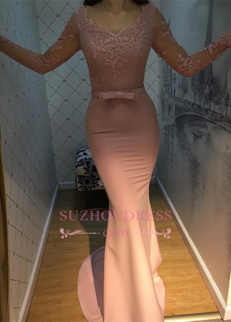 Elegant Long V-Neck Mermaid Evening Dress | Lace Long Sleeve Prom Dress