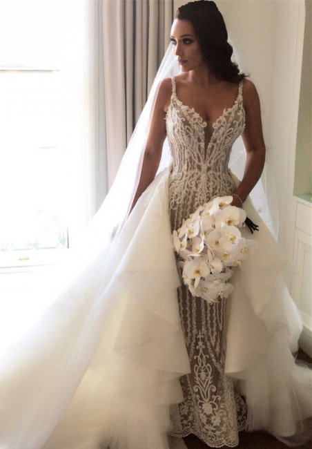 Gorgeous Lace Mermaid Wedding Dresses  with Detachable Train | Straps Sexy Sleeveless Bride Dress