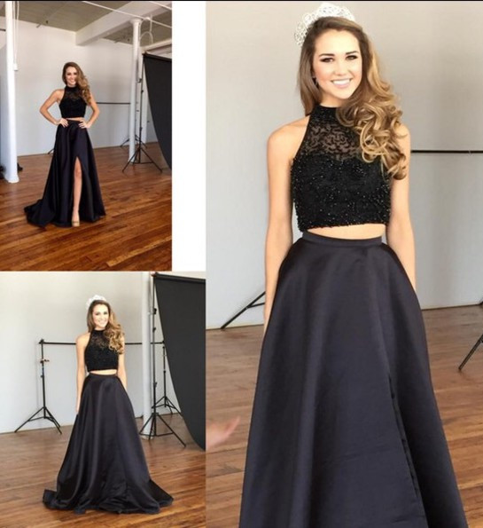 New Arrival Black Two Pieces Prom Dress with Beadings Elegant Sweep Train Evening Gown JT102