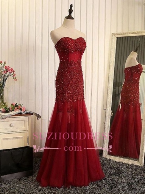 Lace-Applique Tulle Beaded Mermaid Sweetheart Sleeveless Prom Dresses