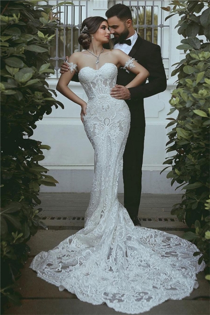 Mermaid Lace Wedding Dress  | Sexy Court Train Sweetheart Bridal Gowns with Sleeve Decorations