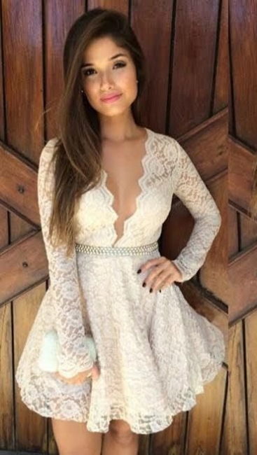Simple Deep V-Neck Lace Cocktail Dresses Long Sleeve Short Homecoming Dresses With Beadings BA3733