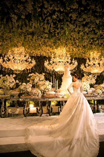 Luxurious Crystals Beading Princess Wedding Dress  Long Sleeve Court Train Bridal Gown
