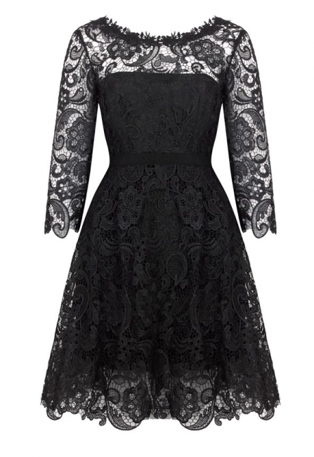 Elegant Black 3/4 Long Sleeve Knee-Length Homecoming Dress Popular Simple Lace Short Women Dresses Under 100 BA6084