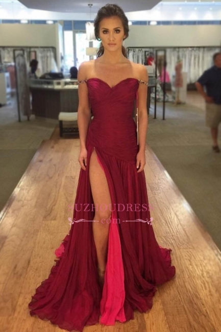 Elegant Red Side-Slit Off-The-Shoulder Prom Dresses Ruched Evening Dresses