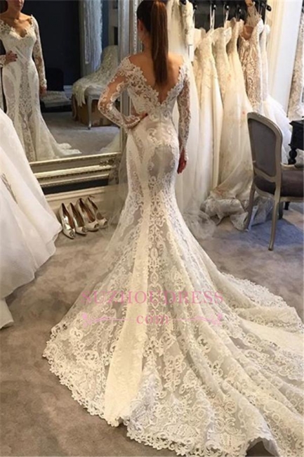 Mermaid Long-Sleeves V-Neck Lace Elegant Wedding Dress