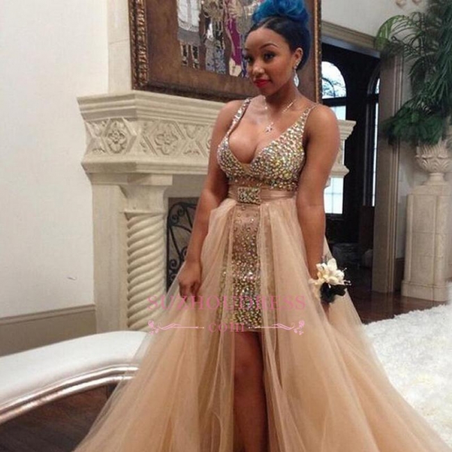 Sexy Straps Crystals Hi-Lo Evening Gowns  Sleeveless Tulle V-neck Prom Dress