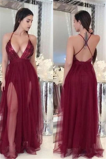 Sexy Deep V-Neck A-line Prom Dresses  Open Back Side Slit Evening Dresses