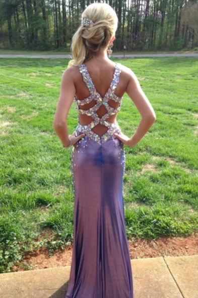 Backless Prom Dress  Purple Crystals V-neck Long Evening Dress