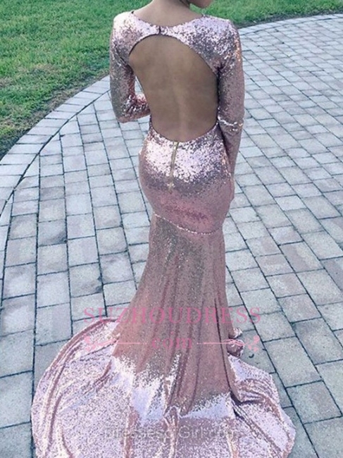 V-Neck Glamorous  Prom Gowns Long Sleeve Sequins Mermaid Evening Dress