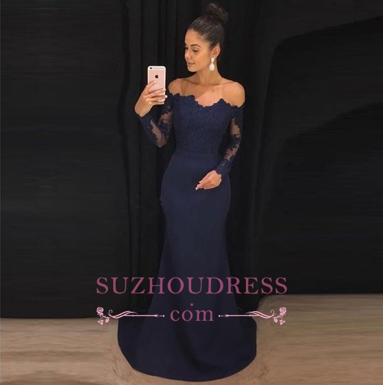 Navy Blue Mermaid Off Shoulder Prom Dresses | Long Sleeve Chiffon Evening Dresses