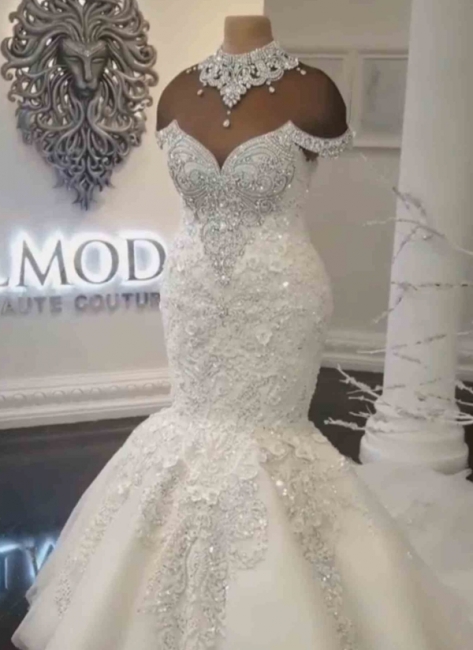 Gorgeous Off-the-Shoulder Lace Appliques Wedding Dresses Crystals Mermaid Bridal Gowns Online
