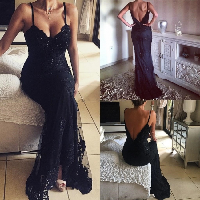 Open-Back Sexy Spaghetti-Straps Black Beadings Appliques Prom Dress BA4348