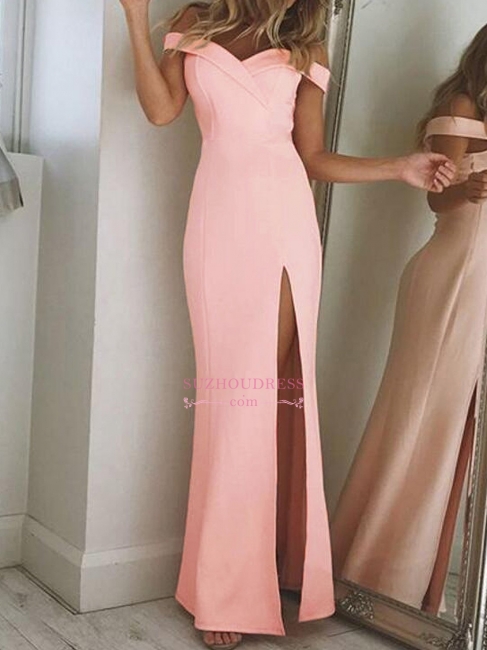 Pink Sheath Off-The-Shoulder Prom Dresses  Simple Side Slit Evening Dresses
