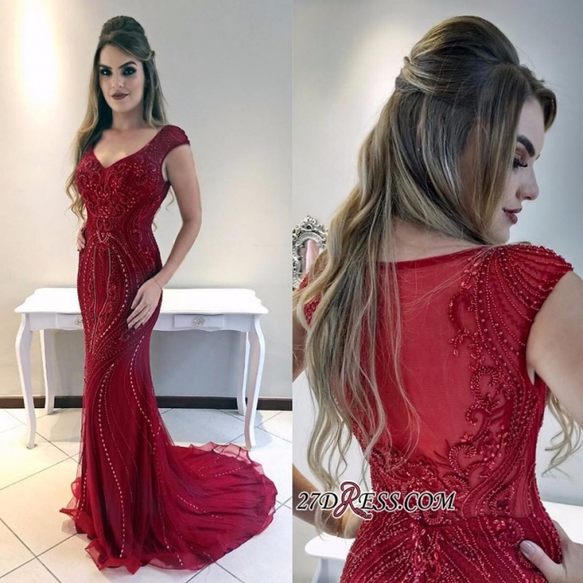 Gorgeous Red Mermaid Evening Dress | Cap-Sleeves Tulle Crystal Prom Dresses