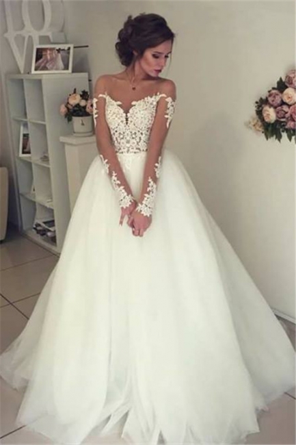 Sheer Long Sleeve Lace Wedding Dresses  Open Back Tulle Ball Gown Bridal Dress