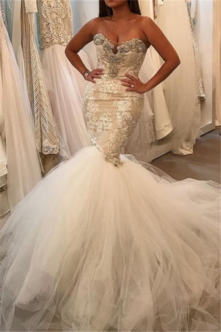 Gorgeous Lace Sweetheart Crystal Wedding Dresses Tulle Mermaid Bridal Gowns Online