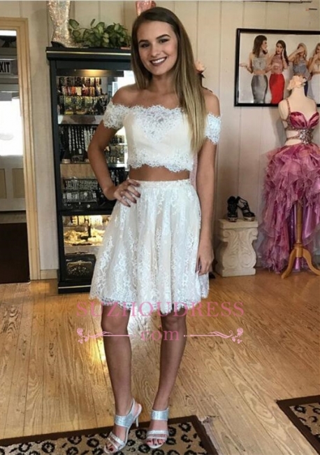 Delicate Short Two-Piece Lace Off-the-shoulder Homecoming Dress