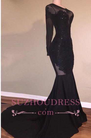 Sexy Appliques  Long Sleeves Black Backless Mermaid Prom Dress BA5131