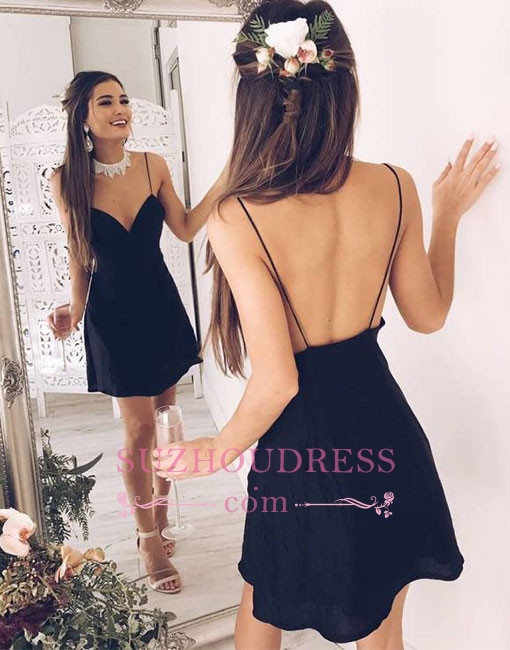 Stylish Short Black Backless V-neck Spaghetti-Straps Chic Cocktail Dress