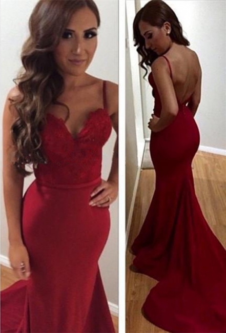 Red Sexy Mermaid Spaghetti Strap Evening Dresses Lace Open Back  Party Gowns BA2381