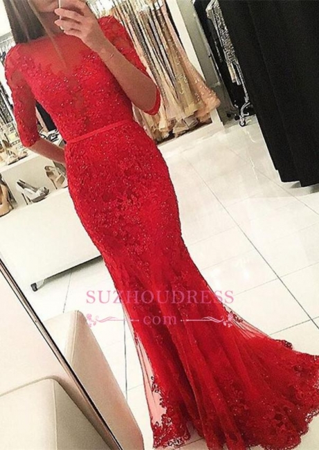 Half Sleeves Tulle Beadings Red Evening Gowns Appliques Mermaid Prom Dress  BA5509