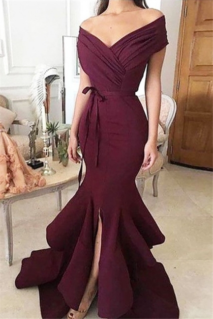 Burgundy Off-the-Shoulder Mermaid Prom Dresses  Ruffles Front-Split Evening Dresses BA7997