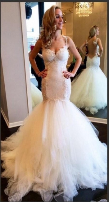 Sexy Mermaid Tulle Spaghetti Strap Wedding Dresses White Floor Length Trumpet Lace Bridal Gowns