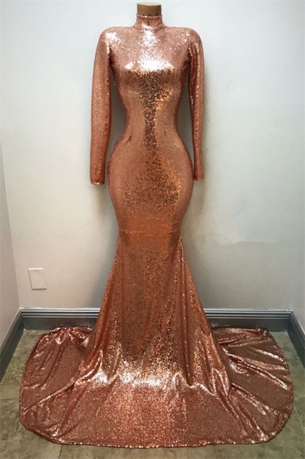 Sparkle Sequins Long Sleeve Prom Dresses  | High Neck Mermaid Sexy Evening Gown BA8242