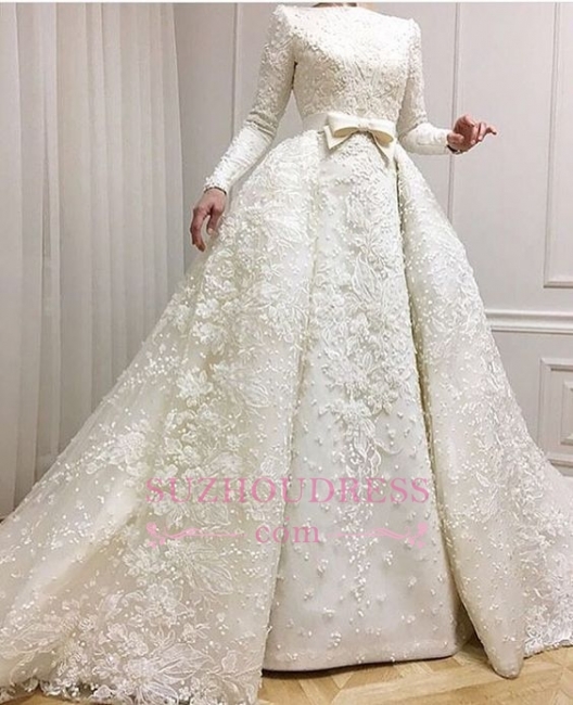 Luxury Beaded Lace-Applique Long-Sleeves Jewel Ball-Gown Wedding Dresses with Over-Skirt CD0071