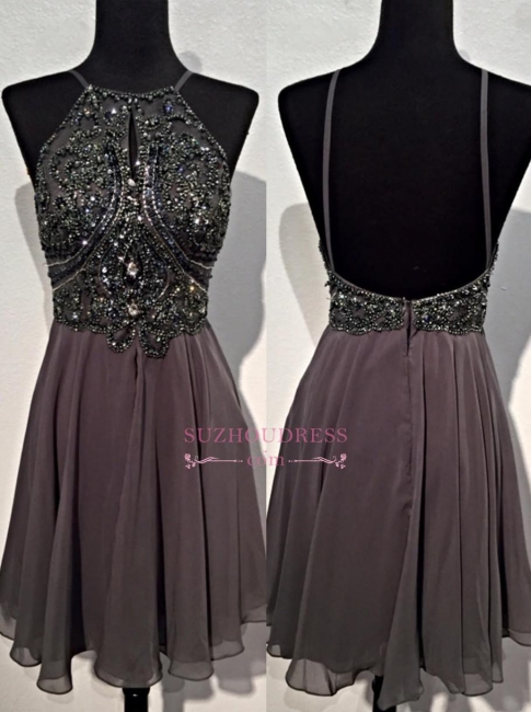 Sequins Backless Spaghetti-Straps Beaded Sparkly Mini Chiffon Homecoming Dresses BA3771