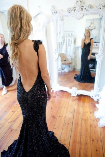 Black Straps Mermaid Sweep-Train Sequined Modern Sleeveless Prom Dress