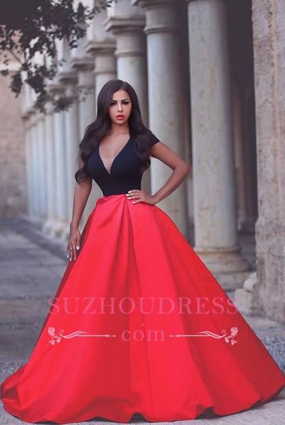 Evening Deep Cap-Sleeves Stretch-Satin V-neck  Black-and-Red Sexy Dress MH081