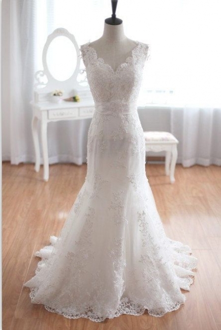 New Arrival V-Neck Mermaid Lace Bridal Gown Bowknot Open Back Sweep Train Wedding Dress