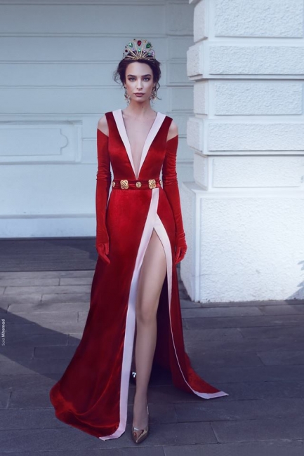 Elegant Red V-Neck Evening Dresses | Velvet Side Slit A-line Prom Dresses