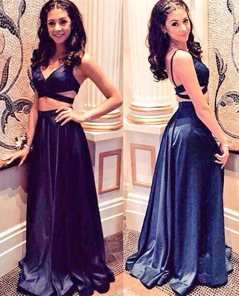 New Arrival V-Neck Two Piece  Prom Dresses Sexy Open Back Satin Party Gowns BA5492
