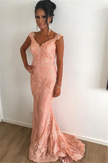 Exquisite Straps V-Neck Lace Coral Prom Dress Sleeveless Mermaid Appliques Formal Dresses with Sweep Train