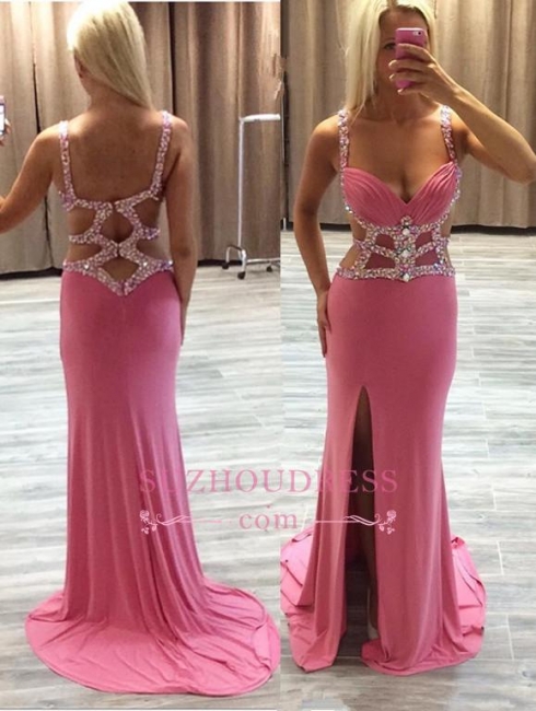 Side-Slit Crystal Ruffles Glamorous Sheath Straps Prom Dress BA4875
